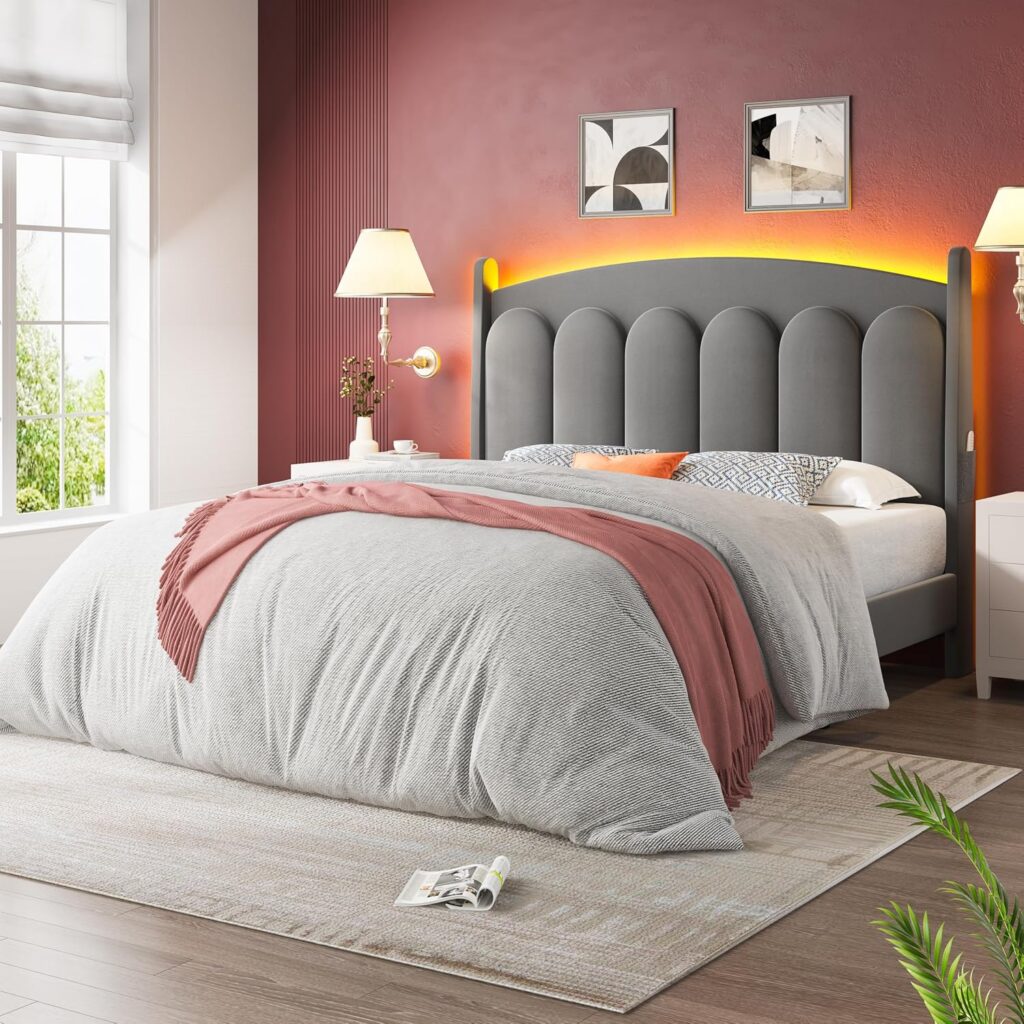 Full Size Upholstered Platform Bed with LED Headboard View 1