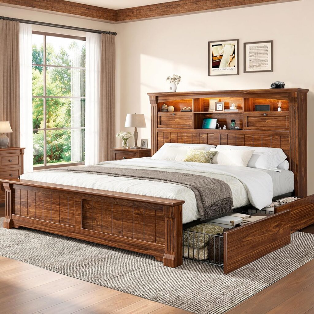 Queen Storage Bed with 54 Inch Bookcase Headboard and 4 Drawers View 1
