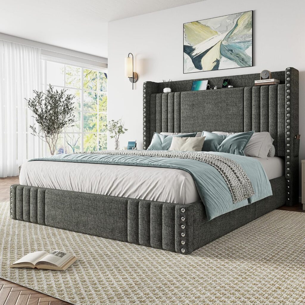 Queen Lift Up Storage Bed Frame with Headboard and Charging Station View 2