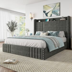 Queen Lift Up Storage Bed Frame with Headboard and Charging Station View 2