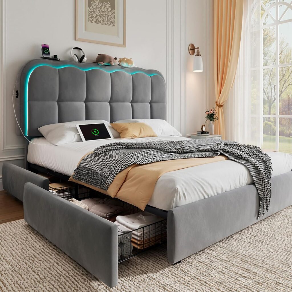 Twin Storage Bed Frame with Drawers and Cloud Headboard View 1