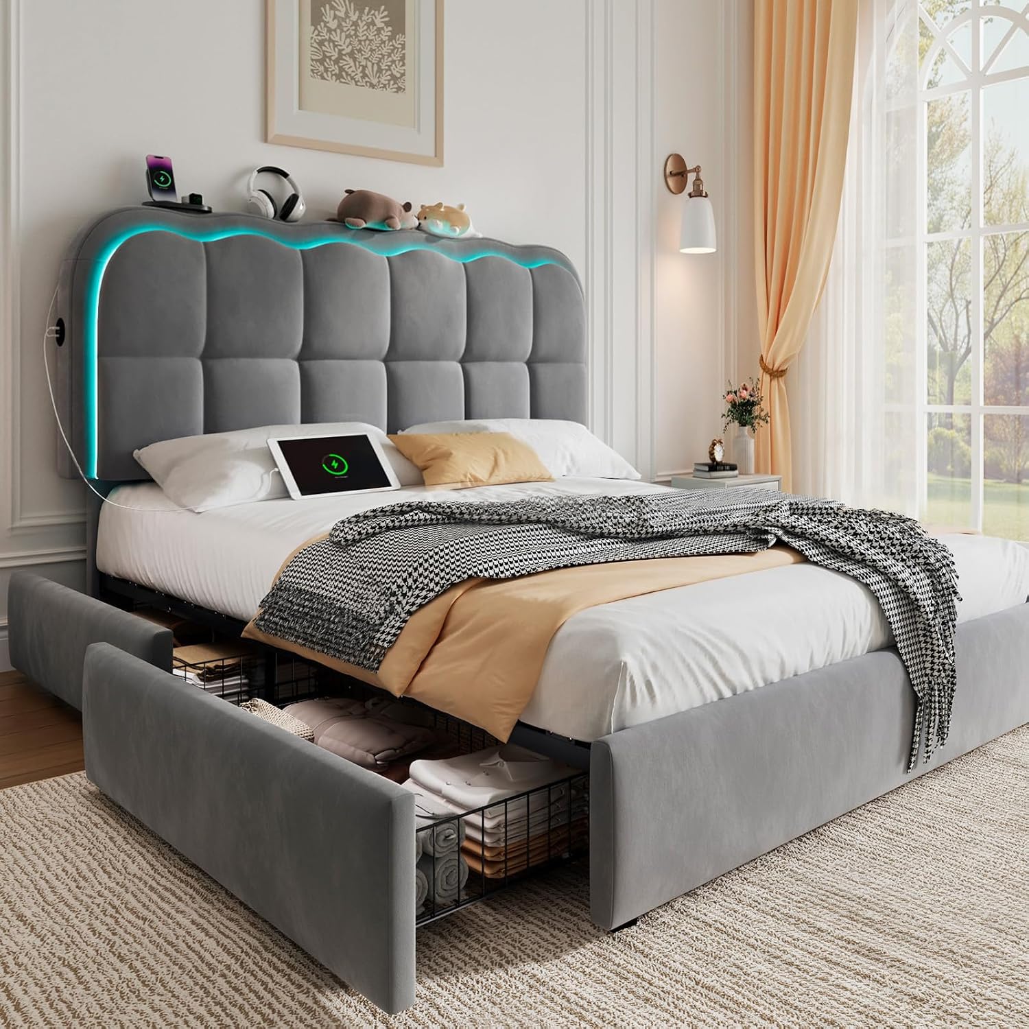 twin storage bed drawers cloud headboard 1 Twin Storage Bed Frame with Drawers and Cloud Headboard View 1