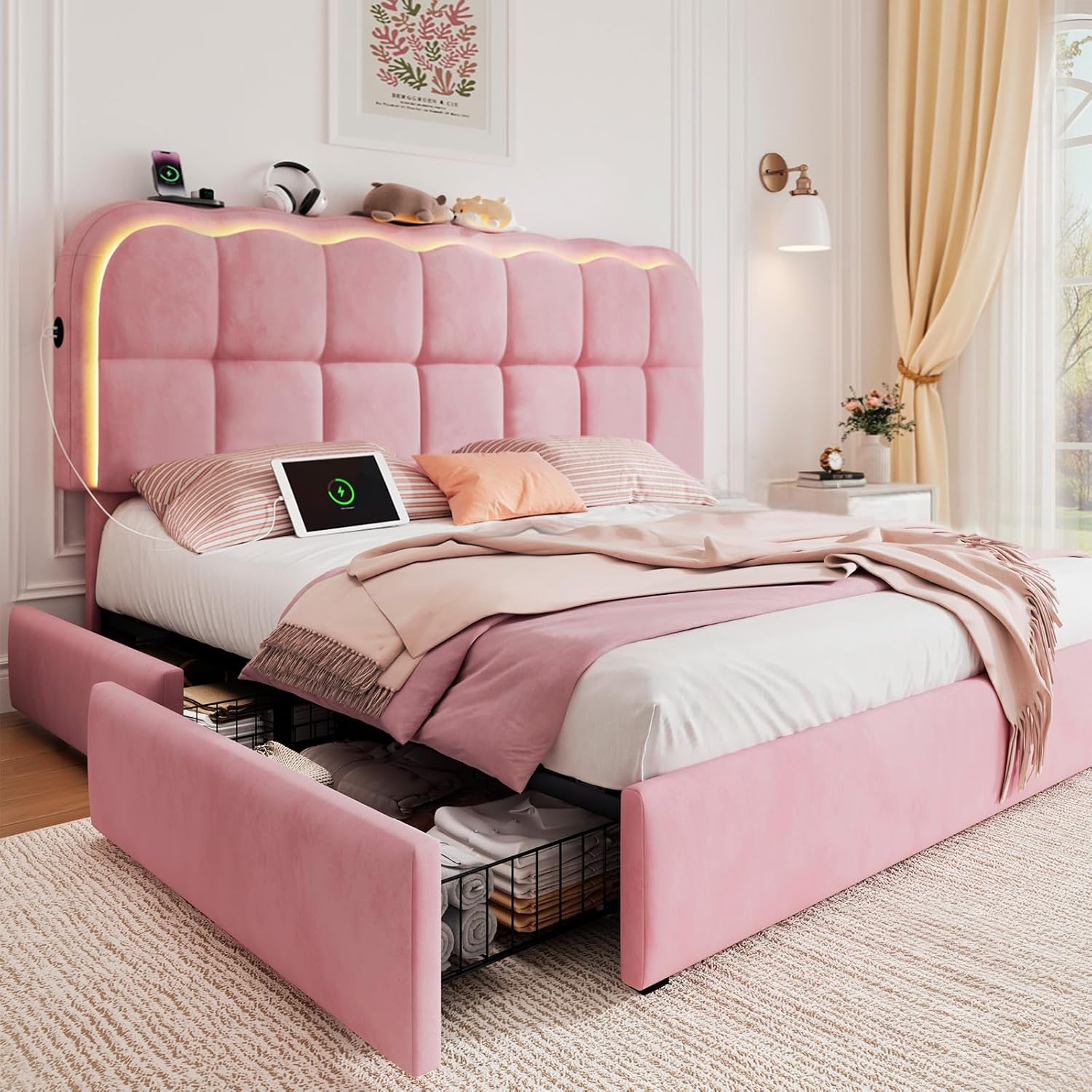 twin storage bed drawers cloud headboard 2 Twin Storage Bed Frame with Drawers and Cloud Headboard View 2