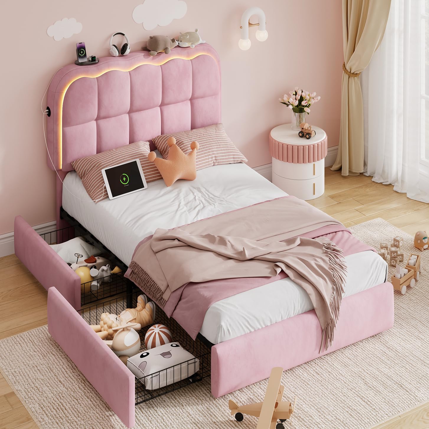 twin storage bed drawers cloud headboard 4 Twin Storage Bed Frame with Drawers and Cloud Headboard View 4