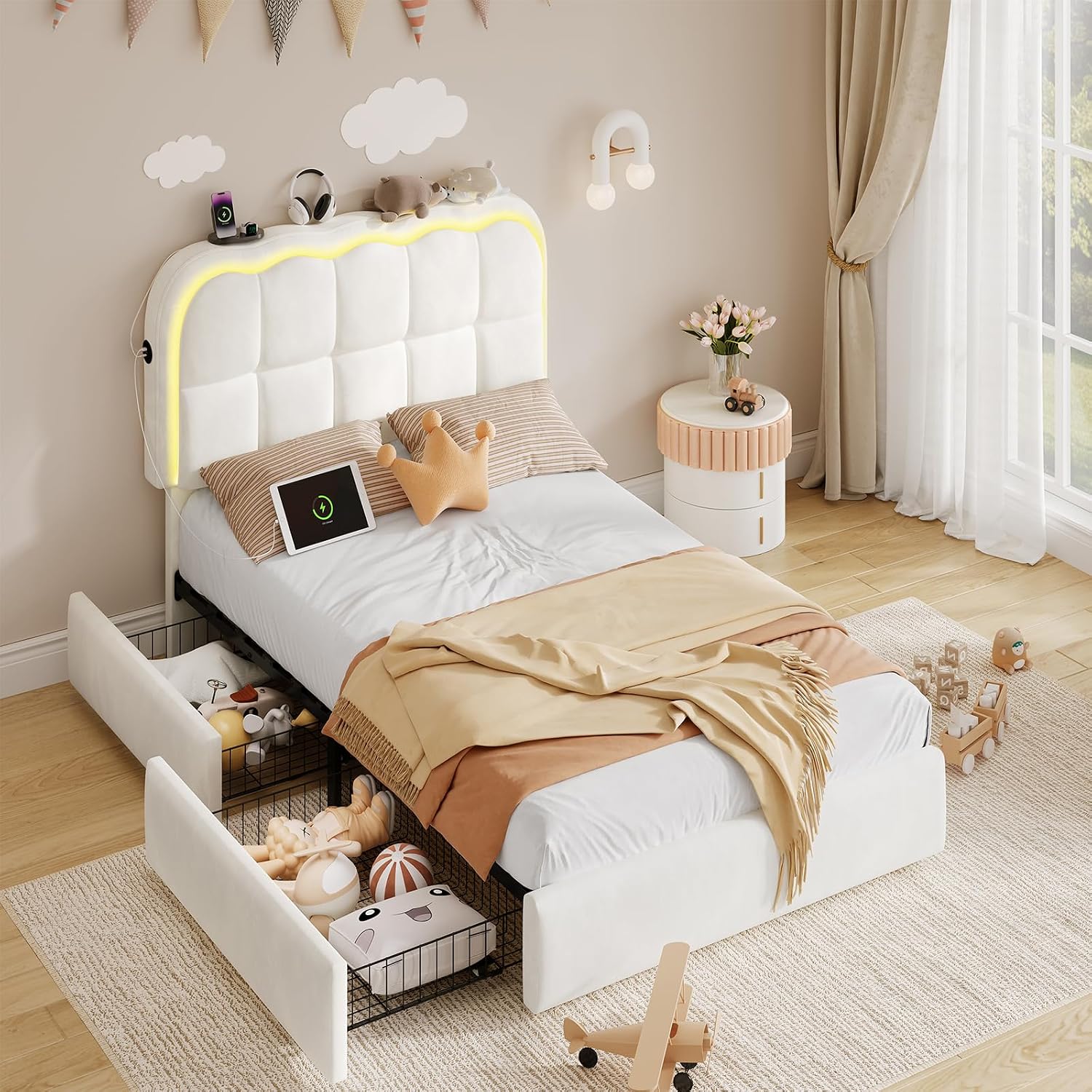 twin storage bed drawers cloud headboard 6 Twin Storage Bed Frame with Drawers and Cloud Headboard View 6