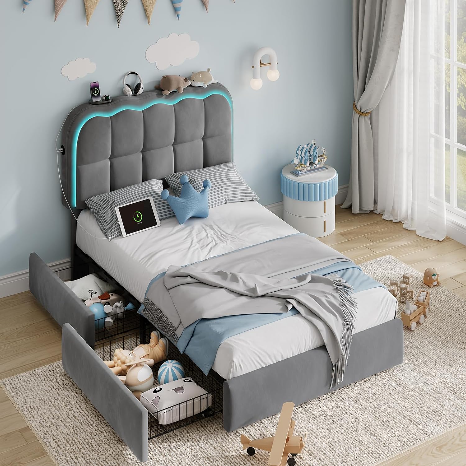 twin storage bed drawers cloud headboard 9 Twin Storage Bed Frame with Drawers and Cloud Headboard View 9